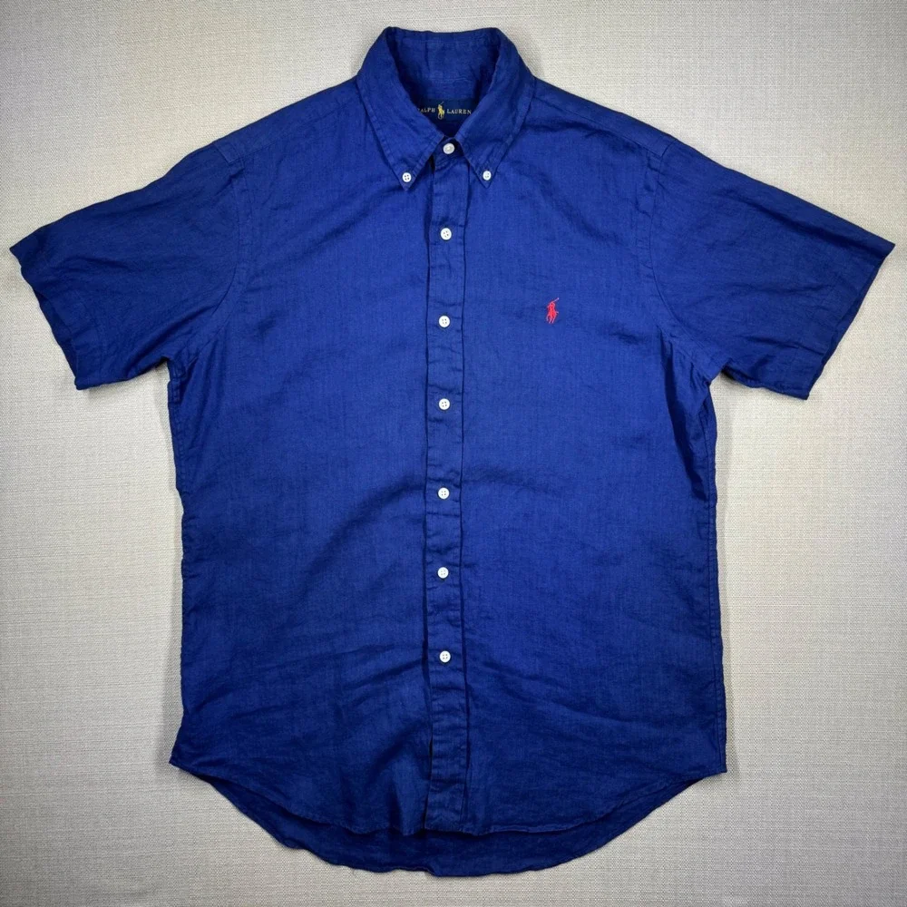 Polo Ralph Lauren Mens 100% Linen Royal Blue Short Sleeve Button Down Medium